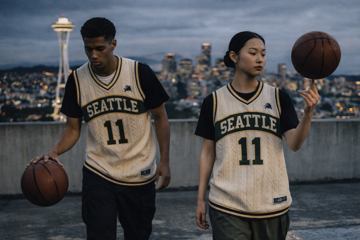 Two people wearing Seattle basketball jerseys holding basketballs on a rooftop with city skyline in the background.